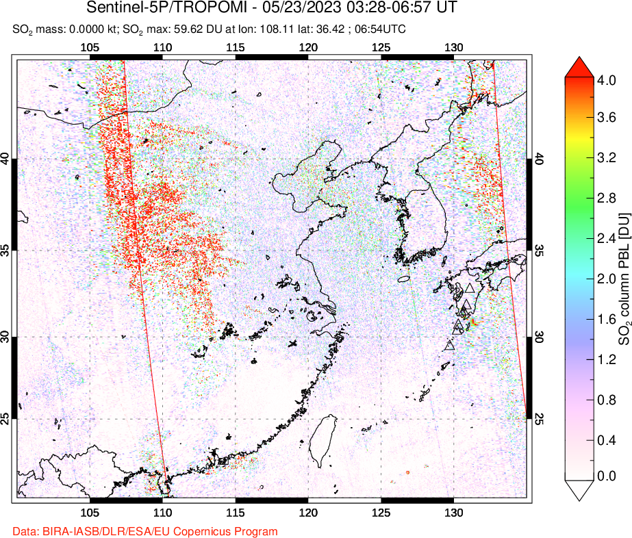 A sulfur dioxide image over Eastern China on May 23, 2023.