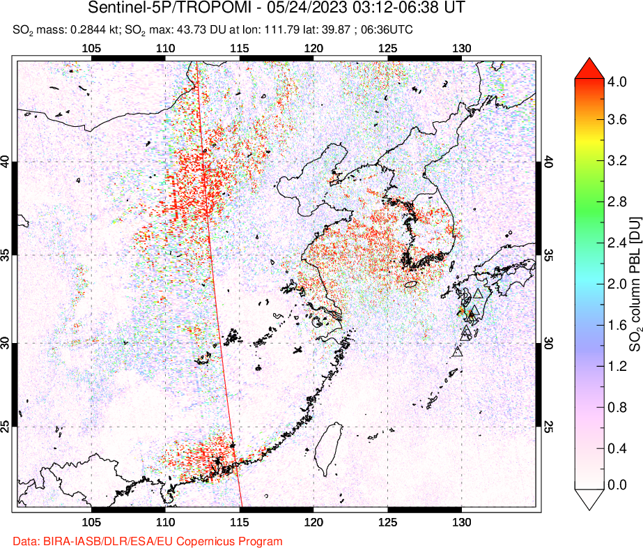 A sulfur dioxide image over Eastern China on May 24, 2023.