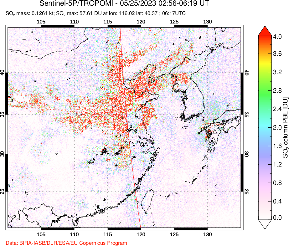 A sulfur dioxide image over Eastern China on May 25, 2023.