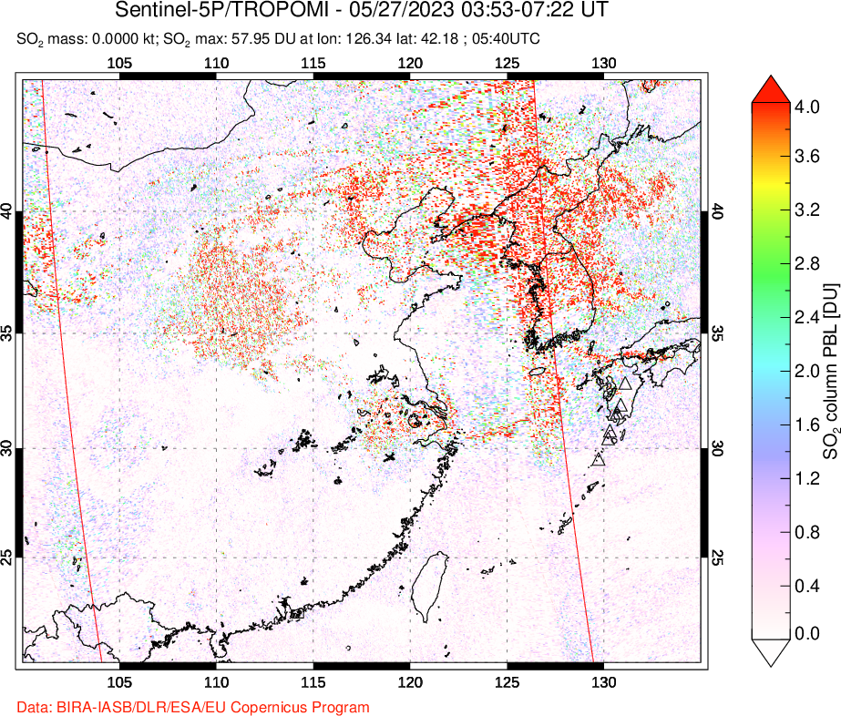 A sulfur dioxide image over Eastern China on May 27, 2023.