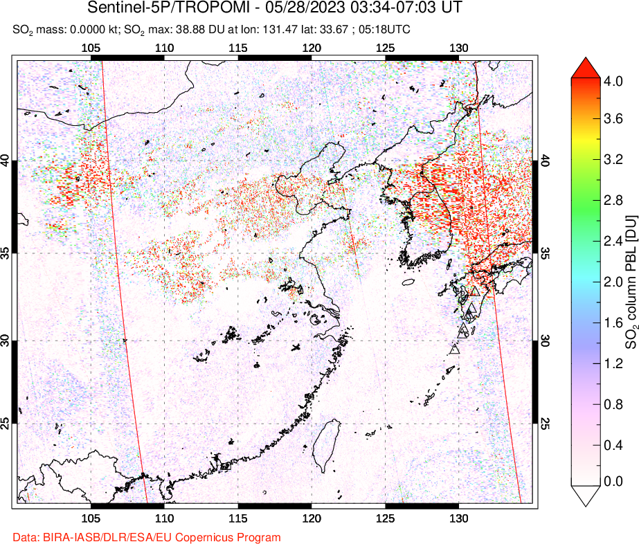A sulfur dioxide image over Eastern China on May 28, 2023.