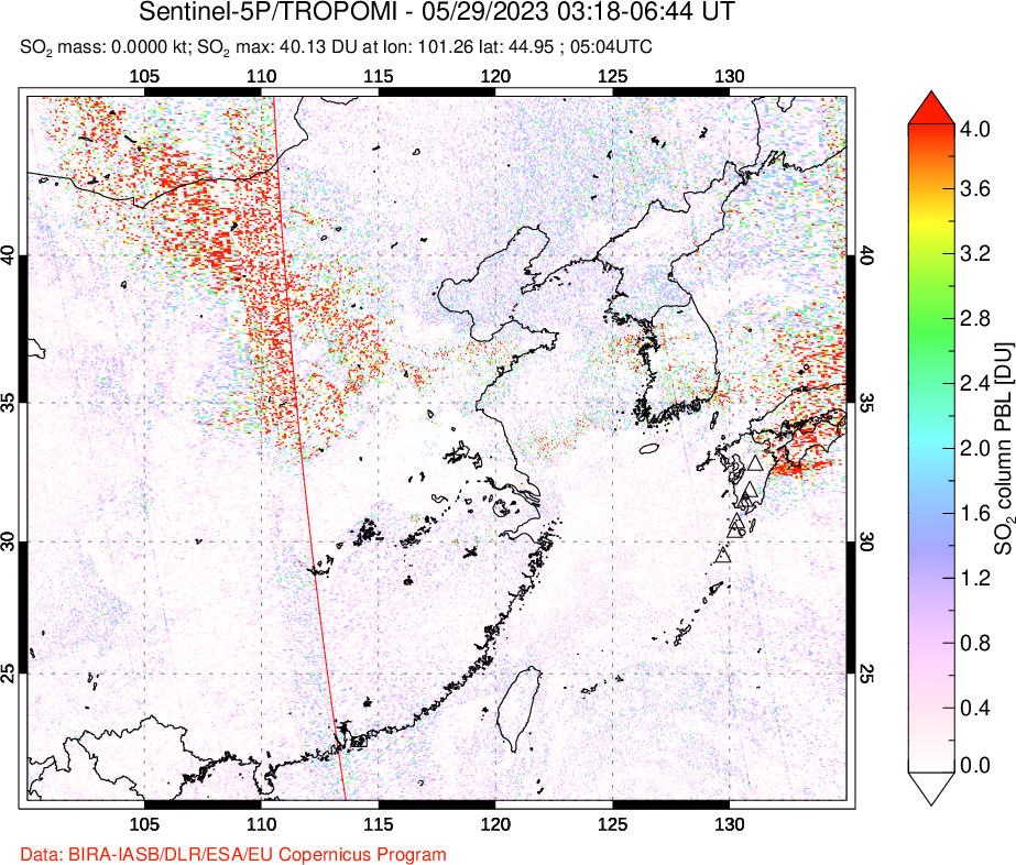 A sulfur dioxide image over Eastern China on May 29, 2023.