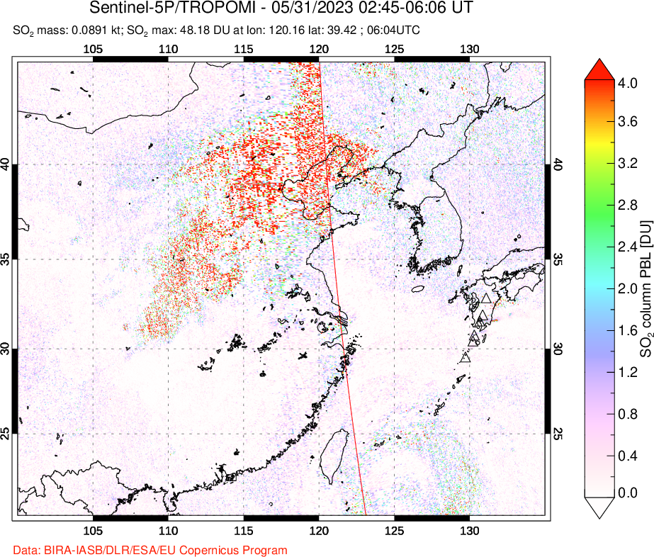 A sulfur dioxide image over Eastern China on May 31, 2023.
