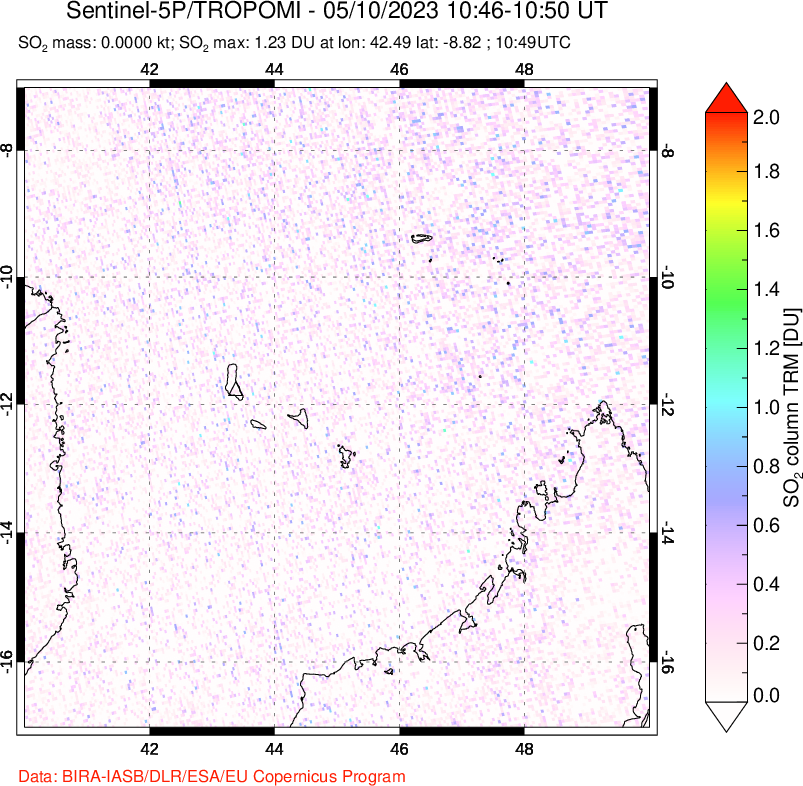 A sulfur dioxide image over Comoro Islands on May 10, 2023.