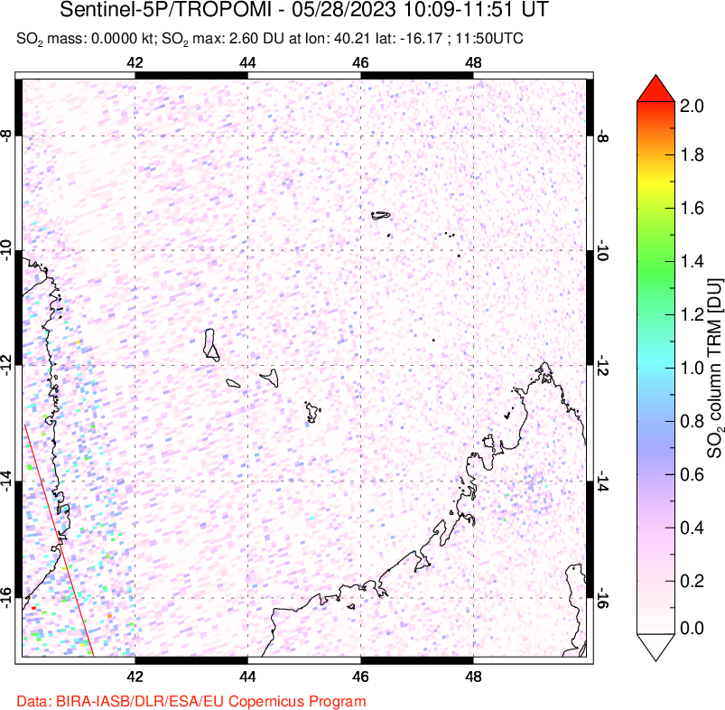 A sulfur dioxide image over Comoro Islands on May 28, 2023.