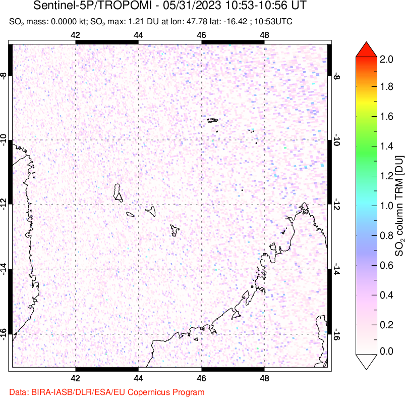 A sulfur dioxide image over Comoro Islands on May 31, 2023.