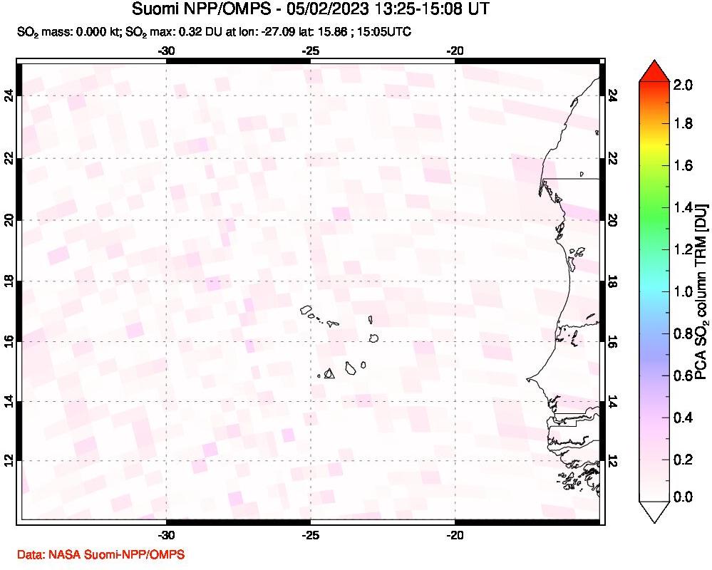 A sulfur dioxide image over Cape Verde Islands on May 02, 2023.
