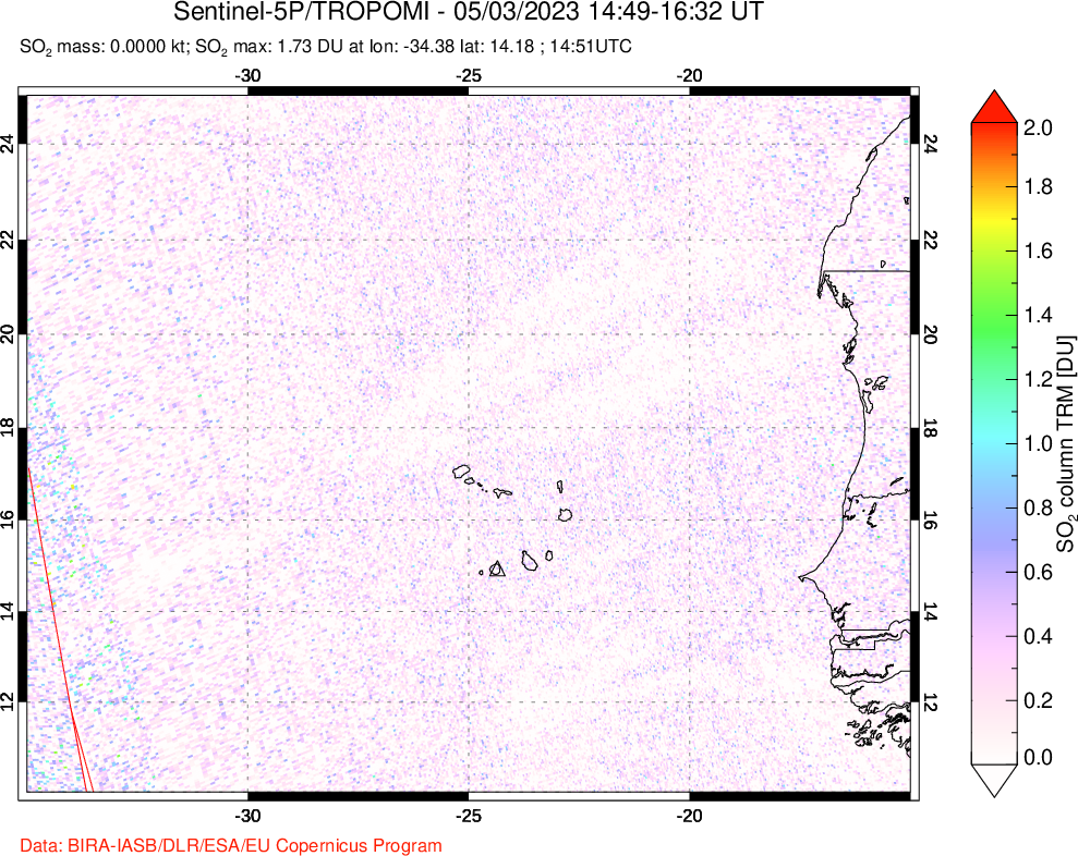 A sulfur dioxide image over Cape Verde Islands on May 03, 2023.