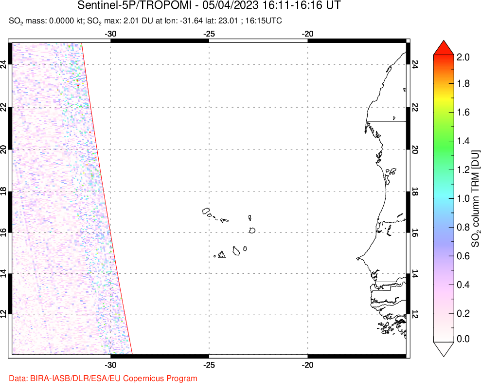 A sulfur dioxide image over Cape Verde Islands on May 04, 2023.