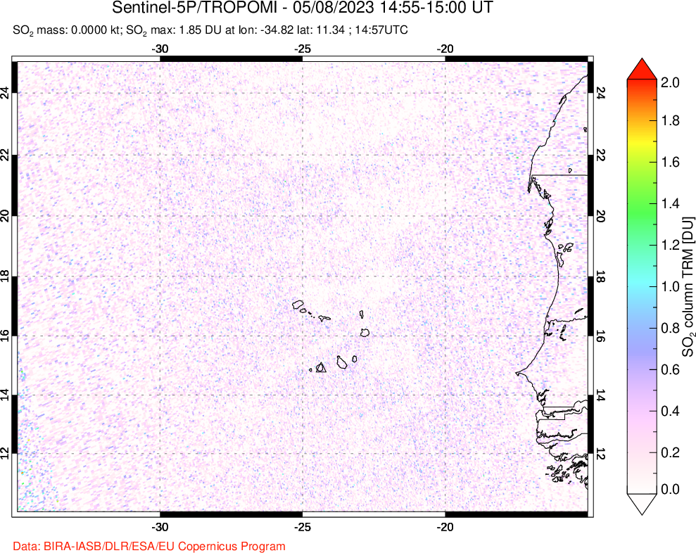 A sulfur dioxide image over Cape Verde Islands on May 08, 2023.
