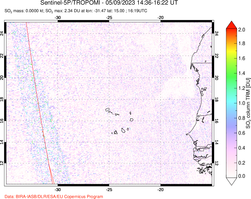 A sulfur dioxide image over Cape Verde Islands on May 09, 2023.