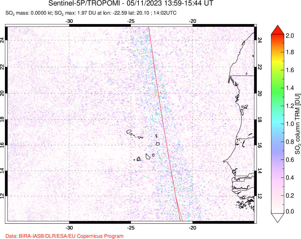 A sulfur dioxide image over Cape Verde Islands on May 11, 2023.