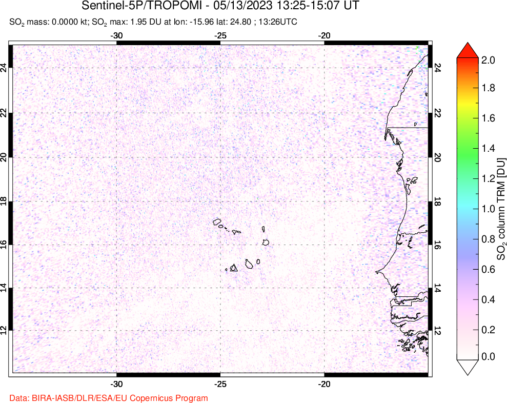 A sulfur dioxide image over Cape Verde Islands on May 13, 2023.
