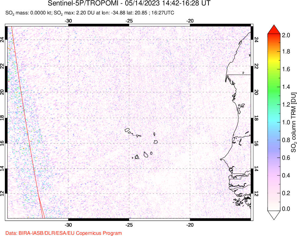 A sulfur dioxide image over Cape Verde Islands on May 14, 2023.