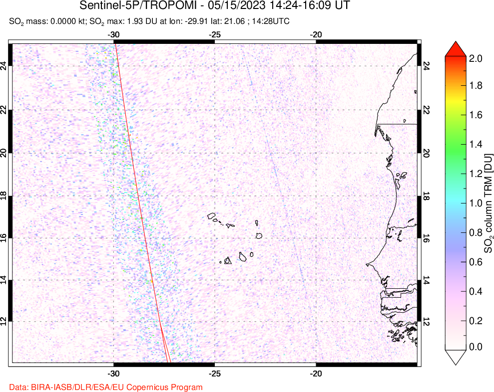 A sulfur dioxide image over Cape Verde Islands on May 15, 2023.