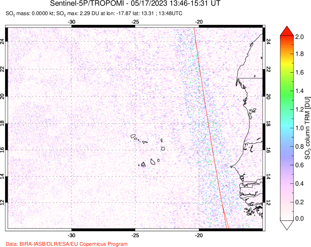 A sulfur dioxide image over Cape Verde Islands on May 17, 2023.