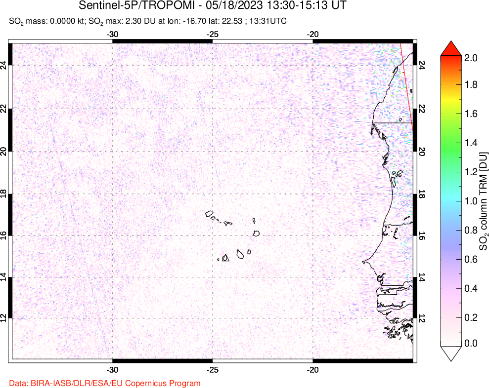 A sulfur dioxide image over Cape Verde Islands on May 18, 2023.