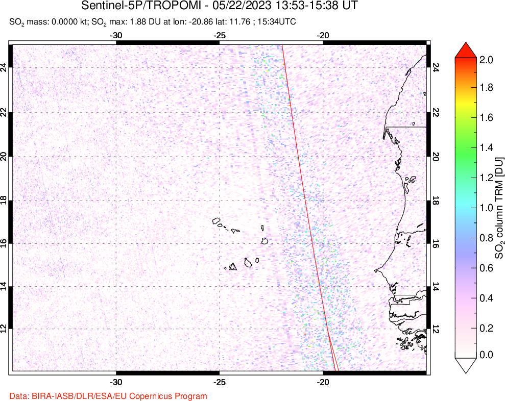 A sulfur dioxide image over Cape Verde Islands on May 22, 2023.