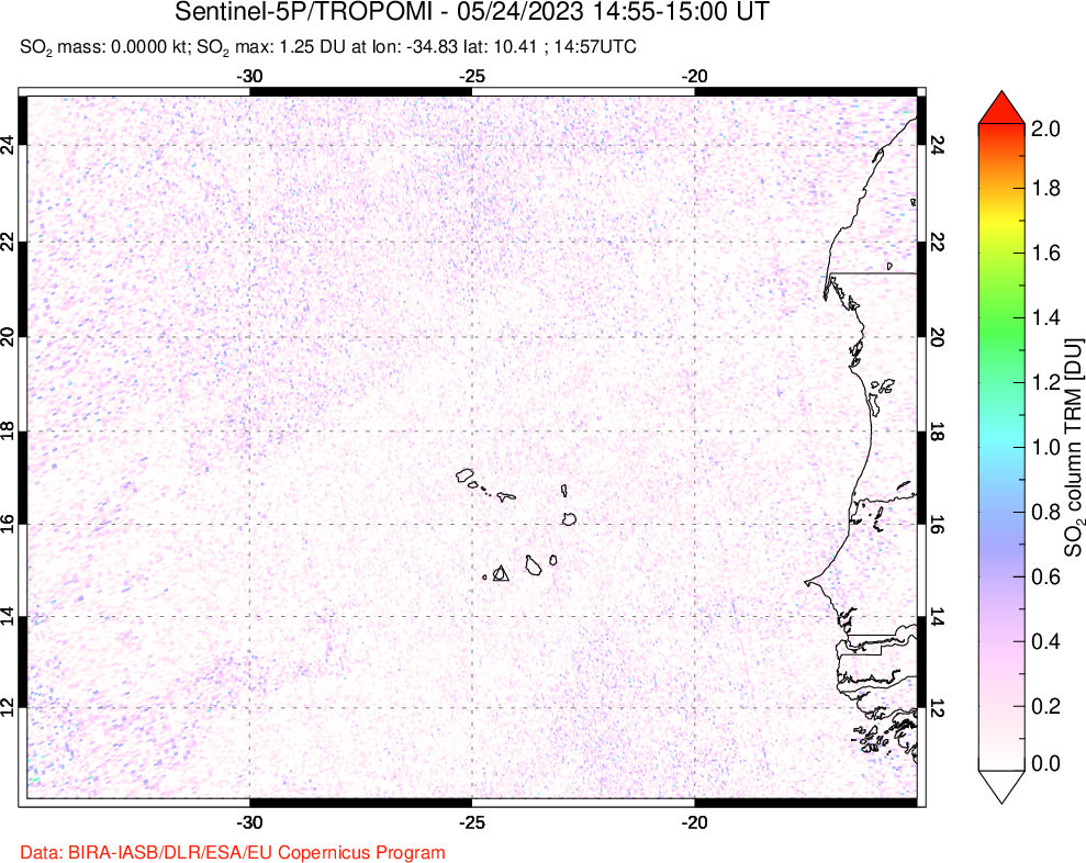 A sulfur dioxide image over Cape Verde Islands on May 24, 2023.