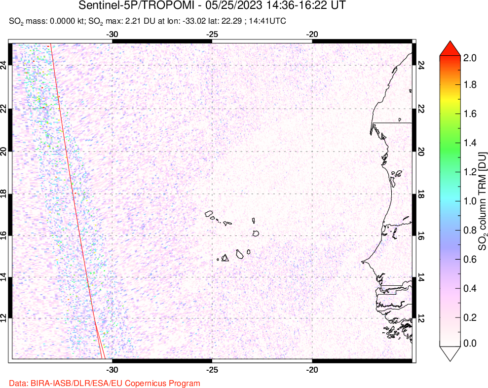 A sulfur dioxide image over Cape Verde Islands on May 25, 2023.