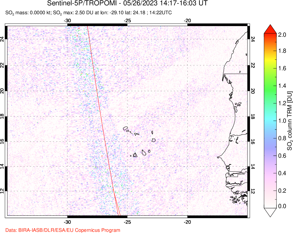 A sulfur dioxide image over Cape Verde Islands on May 26, 2023.