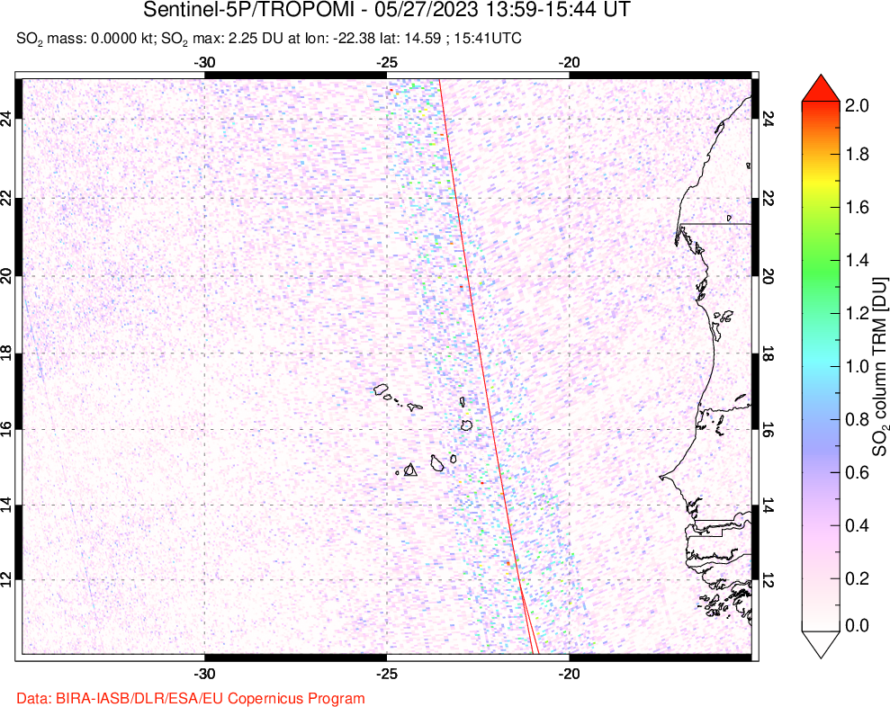 A sulfur dioxide image over Cape Verde Islands on May 27, 2023.