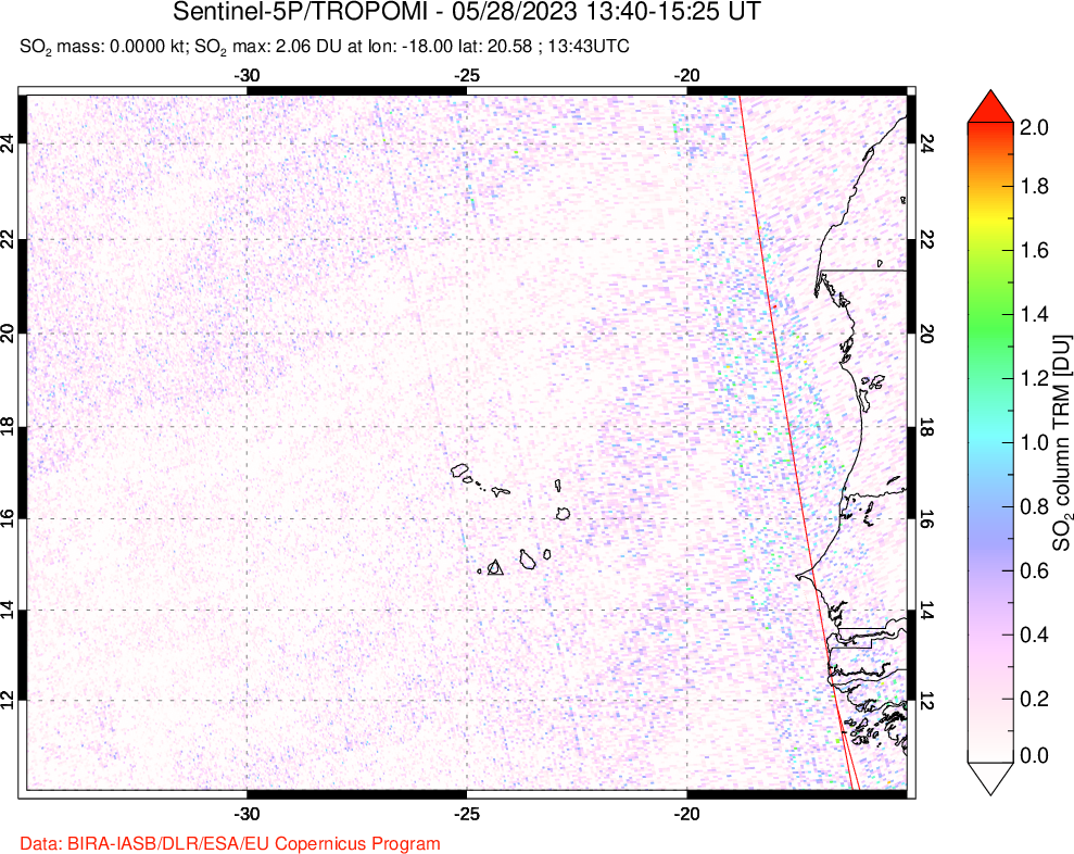 A sulfur dioxide image over Cape Verde Islands on May 28, 2023.
