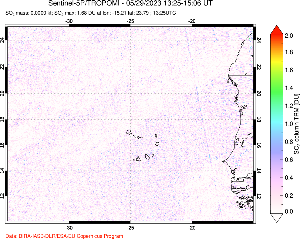 A sulfur dioxide image over Cape Verde Islands on May 29, 2023.