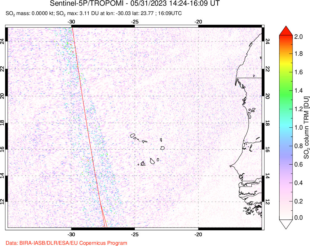A sulfur dioxide image over Cape Verde Islands on May 31, 2023.