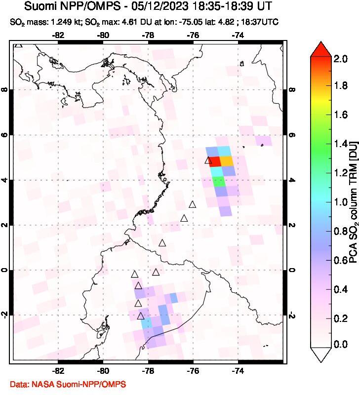 A sulfur dioxide image over Ecuador on May 12, 2023.