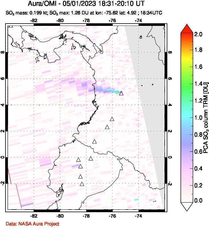 A sulfur dioxide image over Ecuador on May 01, 2023.
