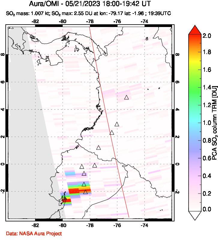 A sulfur dioxide image over Ecuador on May 21, 2023.