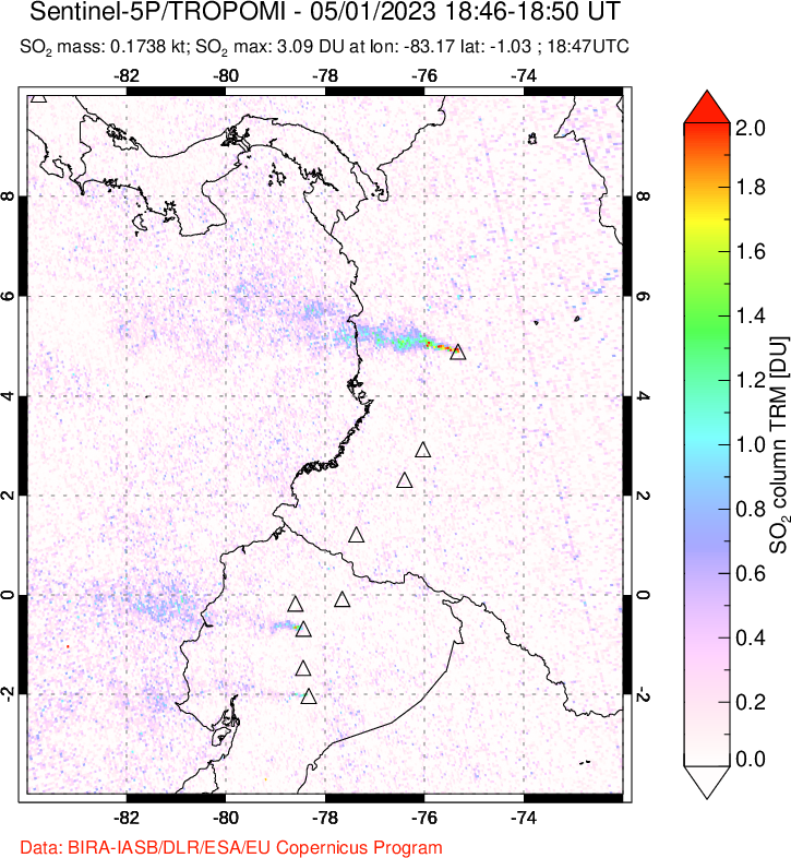 A sulfur dioxide image over Ecuador on May 01, 2023.