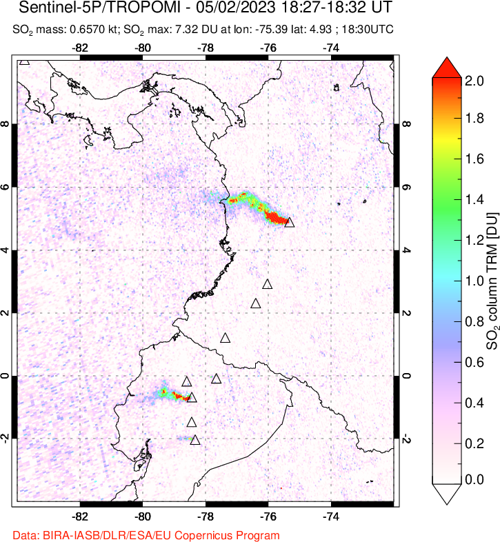 A sulfur dioxide image over Ecuador on May 02, 2023.