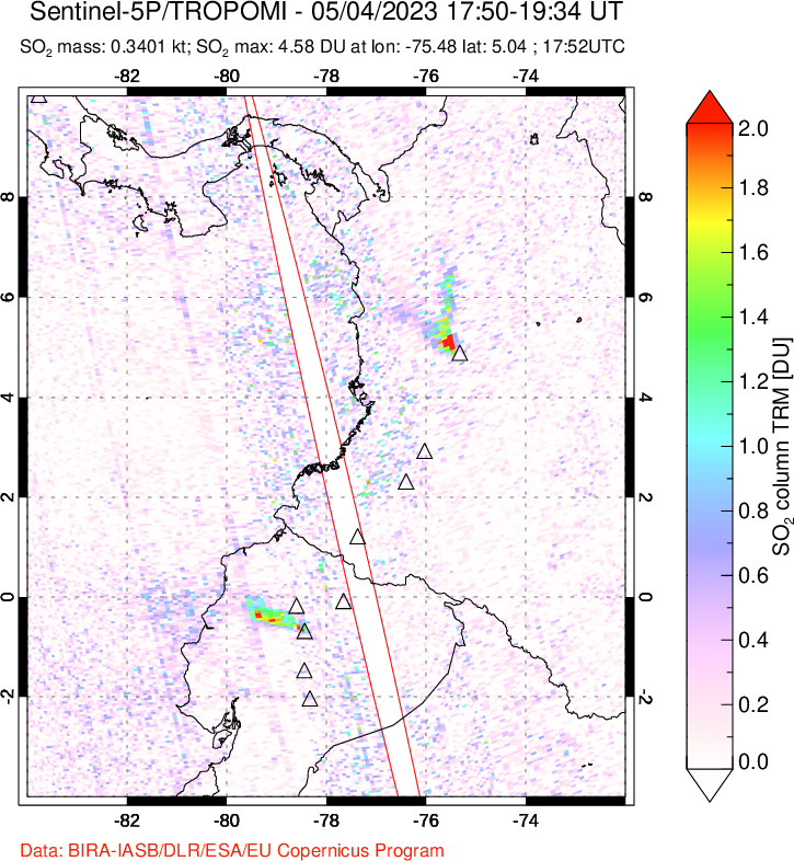A sulfur dioxide image over Ecuador on May 04, 2023.