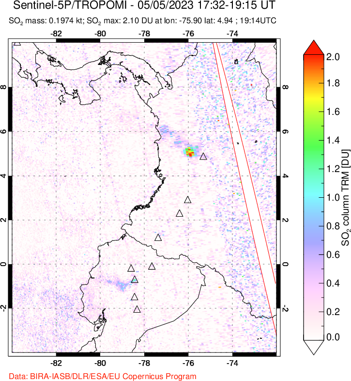 A sulfur dioxide image over Ecuador on May 05, 2023.