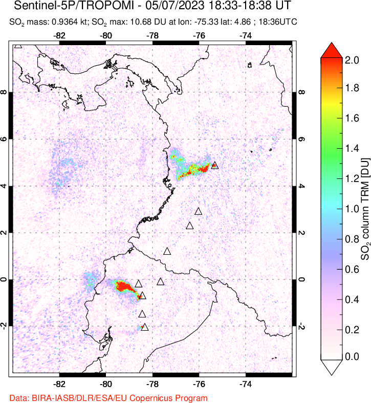 A sulfur dioxide image over Ecuador on May 07, 2023.
