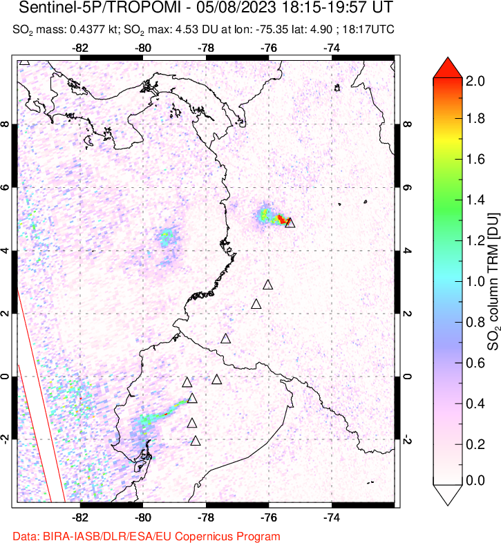A sulfur dioxide image over Ecuador on May 08, 2023.