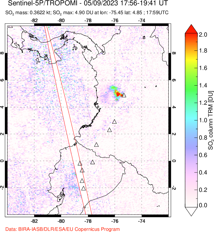 A sulfur dioxide image over Ecuador on May 09, 2023.