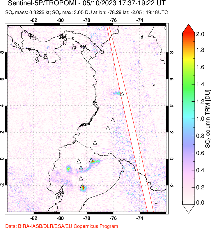 A sulfur dioxide image over Ecuador on May 10, 2023.