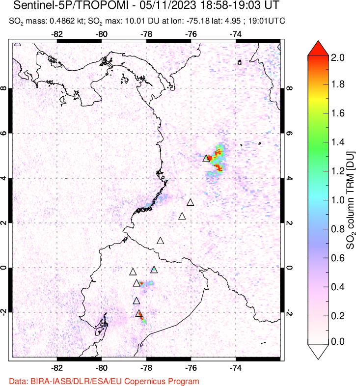 A sulfur dioxide image over Ecuador on May 11, 2023.