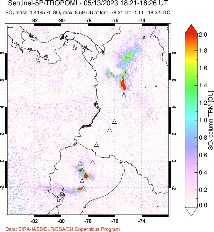 A sulfur dioxide image over Ecuador on May 13, 2023.