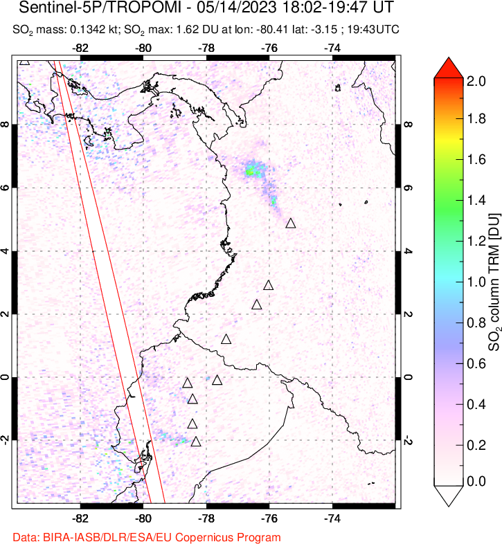 A sulfur dioxide image over Ecuador on May 14, 2023.