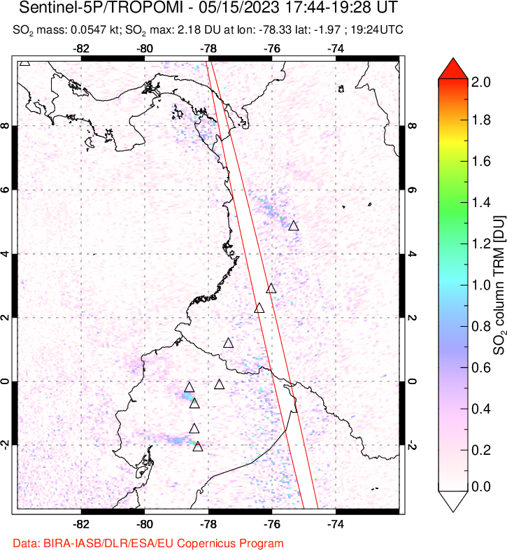 A sulfur dioxide image over Ecuador on May 15, 2023.