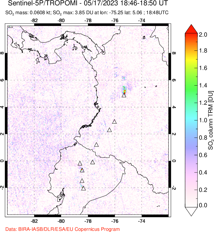 A sulfur dioxide image over Ecuador on May 17, 2023.