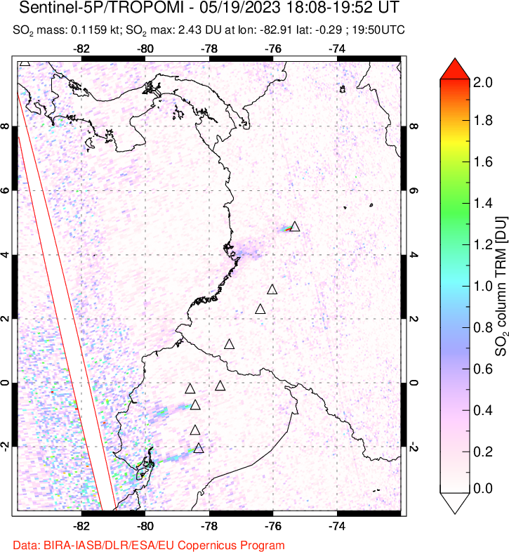 A sulfur dioxide image over Ecuador on May 19, 2023.