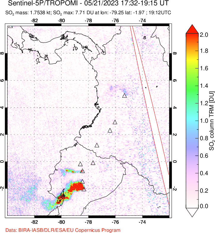A sulfur dioxide image over Ecuador on May 21, 2023.
