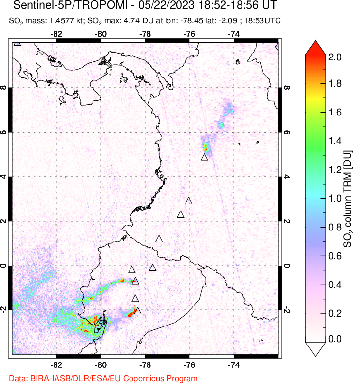 A sulfur dioxide image over Ecuador on May 22, 2023.