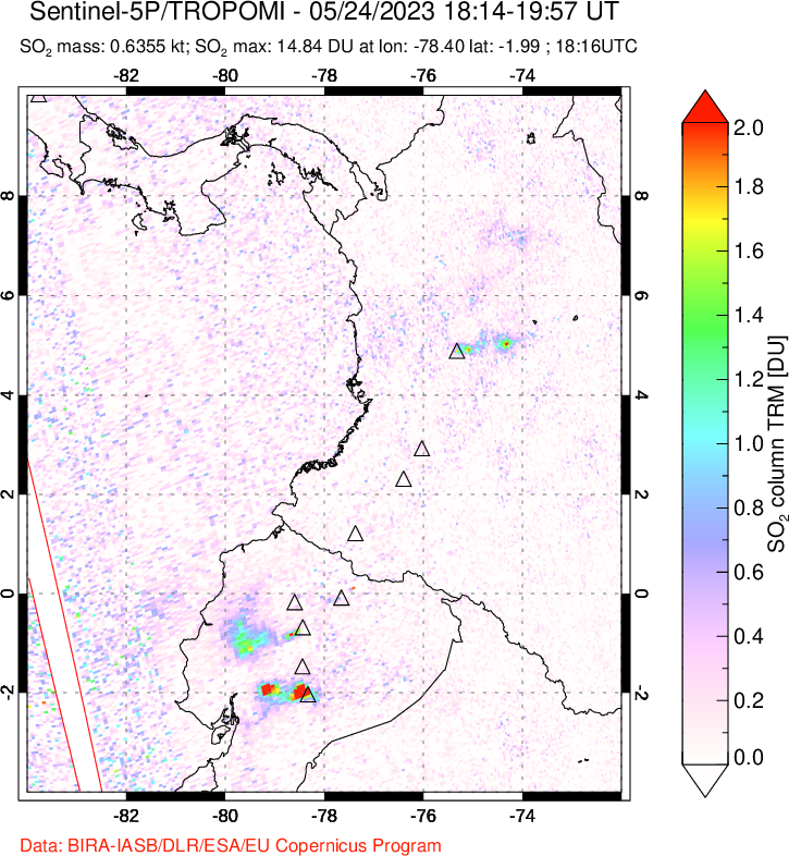 A sulfur dioxide image over Ecuador on May 24, 2023.