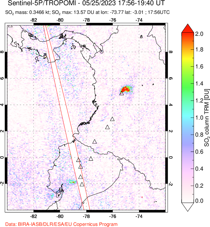 A sulfur dioxide image over Ecuador on May 25, 2023.